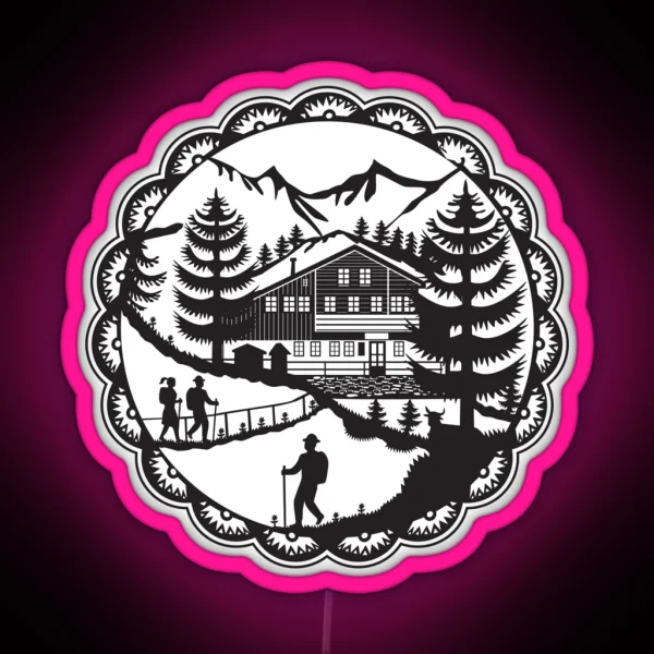 Swiss Chalet Alpine Hiker Decoupage RGB Neon Sign