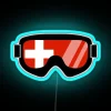 Neon Swiss flag design with goggles in blue color scheme