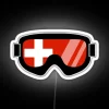 Neon "Swiss Goggles" sign with colorful, modern art design.