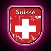 Shield-shaped neon sign displaying 'Switzerland' in RGB pink LED style.