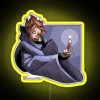 Sypha from Castlevania standing in front of a colorful RGB neon sign with yellow tones, inspired by 80s aesthetic.