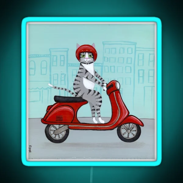 Tabby Cat On A Scooter RGB Neon Sign