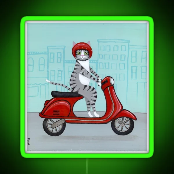 Tabby Cat On A Scooter RGB Neon Sign