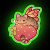 Tabby cat surrounded by neon lights, holding a strawberry.