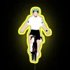 Tadej Pogačar with a neon yellow backdrop, highlighting his bright personality in cycling.