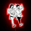 Neon cityscape with two characters, Takakura and Momo, running in bright colors.