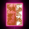 Neon pink sign with black netting pattern on an almond-colored background.