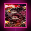 Tanjiro Kamado from Kimetsu no Yaiba in front of a neon sign with a pink glow.