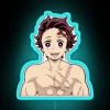 Tanjiro Kamado from Demon Slayer anime standing in front of a vibrant RGB neon sign, reading "Kimetsu no Yaiba".
