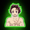 Tanjiro Kamado from Demon Slayer with an RGB neon sign in the background, featuring vibrant green hues.