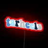 Neon sign featuring a bright red Tar Heels logo with colorful RGB lighting.