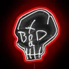 Neon sign featuring a skull design in bright, glowing colors.