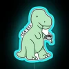 Colorful illustration of a T-Rex holding a tea cup under a neon sign in blue hues.