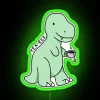 A colorful, cartoon-style illustration of a T-Rex wearing sunglasses with a neon sign reading "Tea Rex" in the background.