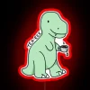 Colorful neon illustration of a smiling T-Rex drinking tea with a cup and saucer.