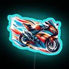 Neon sport bike with teal and orange accents on a colorful wave background.
