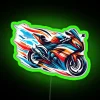 Teal, orange, and green neon lights create a colorful wave design on a sport bike's RGB display.