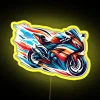Neon sports bike colors with teal, orange, yellow, and RGB lighting effects on a wave design.
