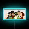 Team members with diverse avatars gathered around a neon sign in shades of blue, forming a strong bond.