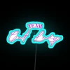 Group of cats lounging in front of a colorful neon sign that reads 'Team Cat Lady'