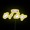 Neon sign featuring a cartoon cat in vibrant colors.