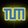Neon sign of Technical University of Munich's logo at night.