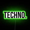 Neon-lit green techno sign with vibrant RGB colors.