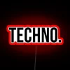 Neon red sign with futuristic techno lighting effects.
