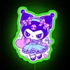 Tender bunny dressed in a colorful outfit stands under a vibrant neon sign.