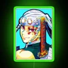 Tengu Uzui from Attack on Titan in a neon-lit art style, reminiscent of 80s Japanese cityscapes