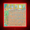 Colorful terracotta fiber art collage of waves on a beach with neon sign hues.