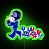 Group of cartoonish Team Fortress 2 characters walking together in front of an RGB neon sign with a green hue.