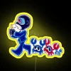 Team Fortress 2 cartoon characters walking under a vibrant RGB neon sign with a yellow glow.