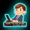 Cartoon character apologizing for hitting reply all in an email, surrounded by neon lights.