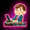Cartoon character holding a neon sign saying "reply all" in a humorous tone, illustrating the risks of hitting reply all i...