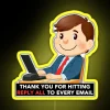 Cartoon illustration of a person sitting at a desk, surrounded by chaos, with a neon sign reading "Thank you for hitting r...