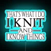 RGB neon sign with a witty phrase about knitting and knowledge.