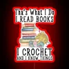 Neon sign with colorful graphics of books, crochet hooks, and a gift box.