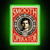 Neon sign reading 'The 55th Smooth Operator' in green LED lights.