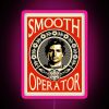 A neon sign reading "Smooth Operator" in pink, with a 1980s-inspired aesthetic.