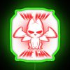 A vibrant neon sign featuring a stylized bat and cat design in green.