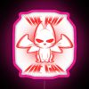Neon sign featuring a bat and cat design in pink hues.
