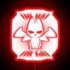 Neon sign featuring a stylized bat and cat in vibrant red colors.