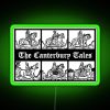 Neon sign featuring a stylized illustration of Geoffrey Chaucer's Canterbury Tales in vibrant colors.