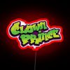 Neon sign featuring a clown prince of crime logo in RGB color scheme