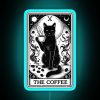 Neon sign with colorful coffee cup design and tarot card elements, perfect gift for cat owners who read tarot cards.