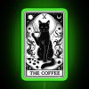 Neon coffee tarot card sign for cat owners with green glow.