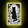 Neon coffee tarot card reading sign with yellow background.
