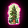 Neon-lit Douglas fir tree in pink hues at dusk.