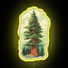 Vibrant neon sign featuring a stylized Douglas fir tree against a yellow background.